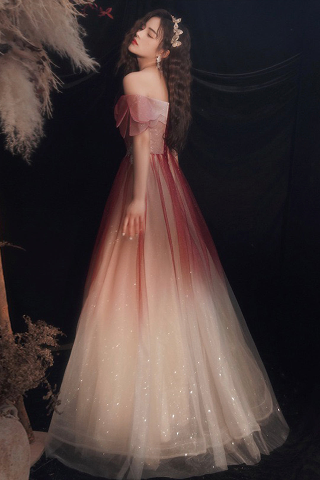 Burgundy Gradient Tulle Long A-Line Prom Dress, Off the Shoulder Evening Party Dress