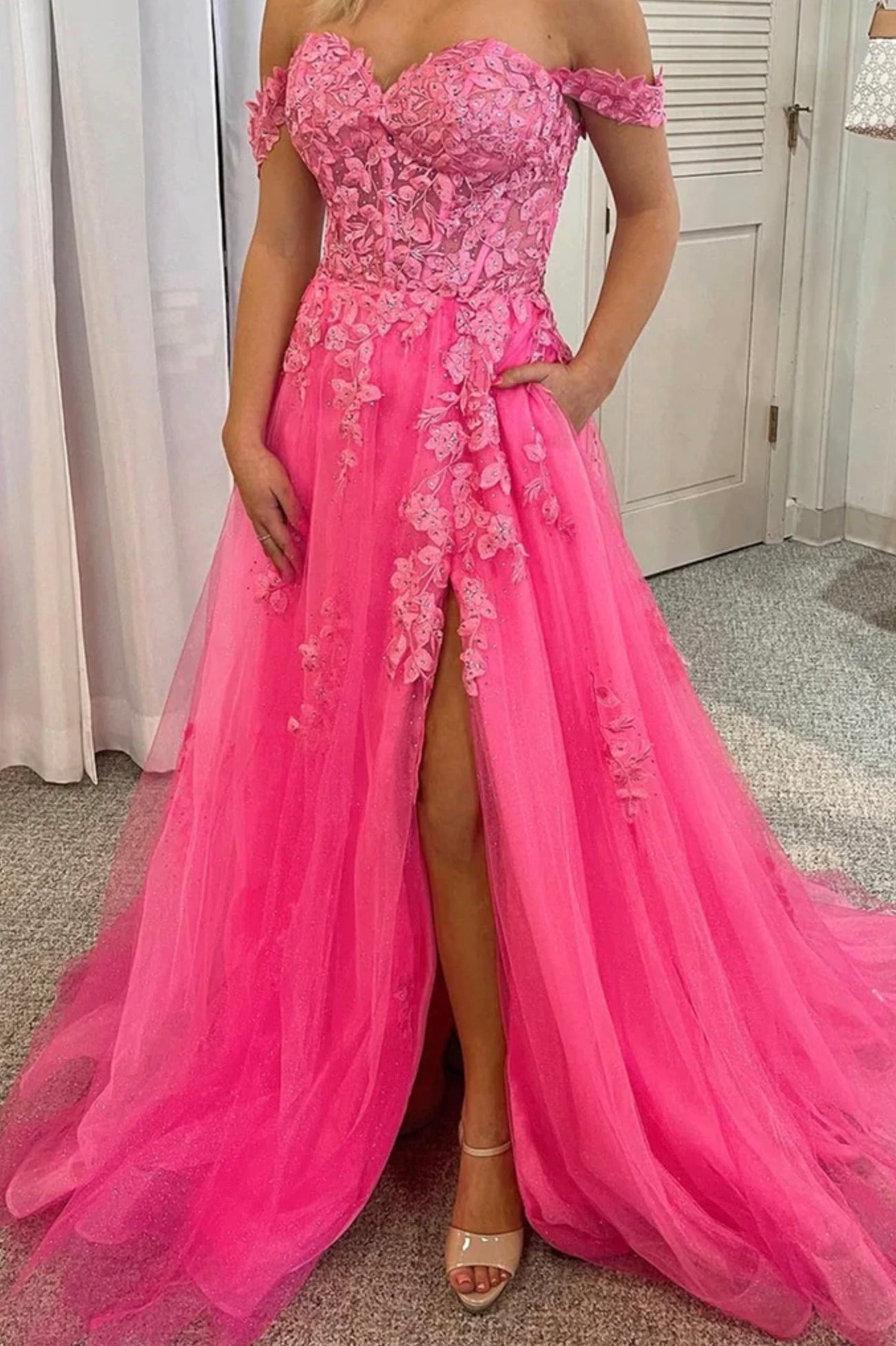 Pink Tulle Off the Shoulder Prom Dress with Lace, A-Line Evening Dress with Slit