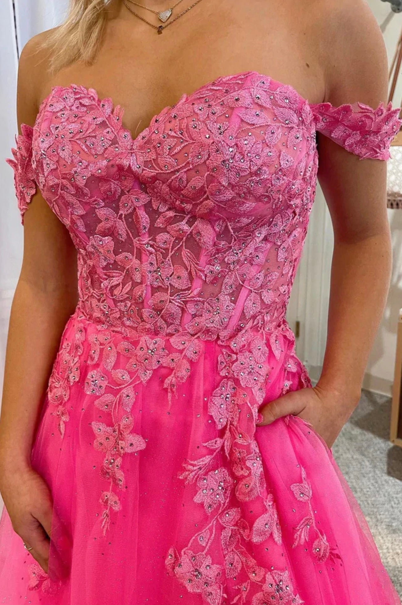 Pink Tulle Off the Shoulder Prom Dress with Lace, A-Line Evening Dress with Slit