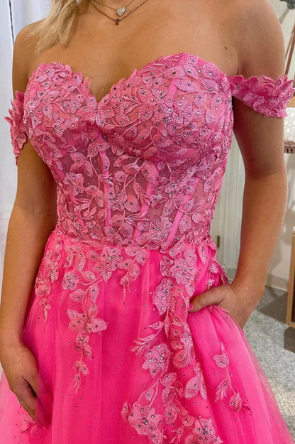 Pink Tulle Off the Shoulder Prom Dress with Lace, A-Line Evening Dress with Slit