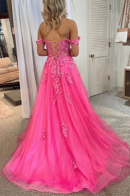 Pink Tulle Off the Shoulder Prom Dress with Lace, A-Line Evening Dress with Slit