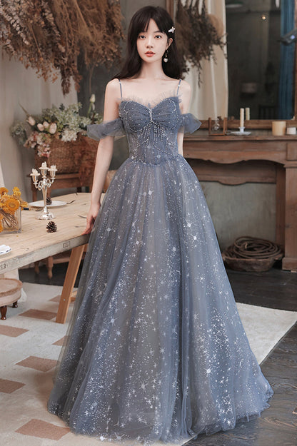 A-Line Spaghetti Straps Tulle Long Prom Dress, Cute A-Line Evening Dress