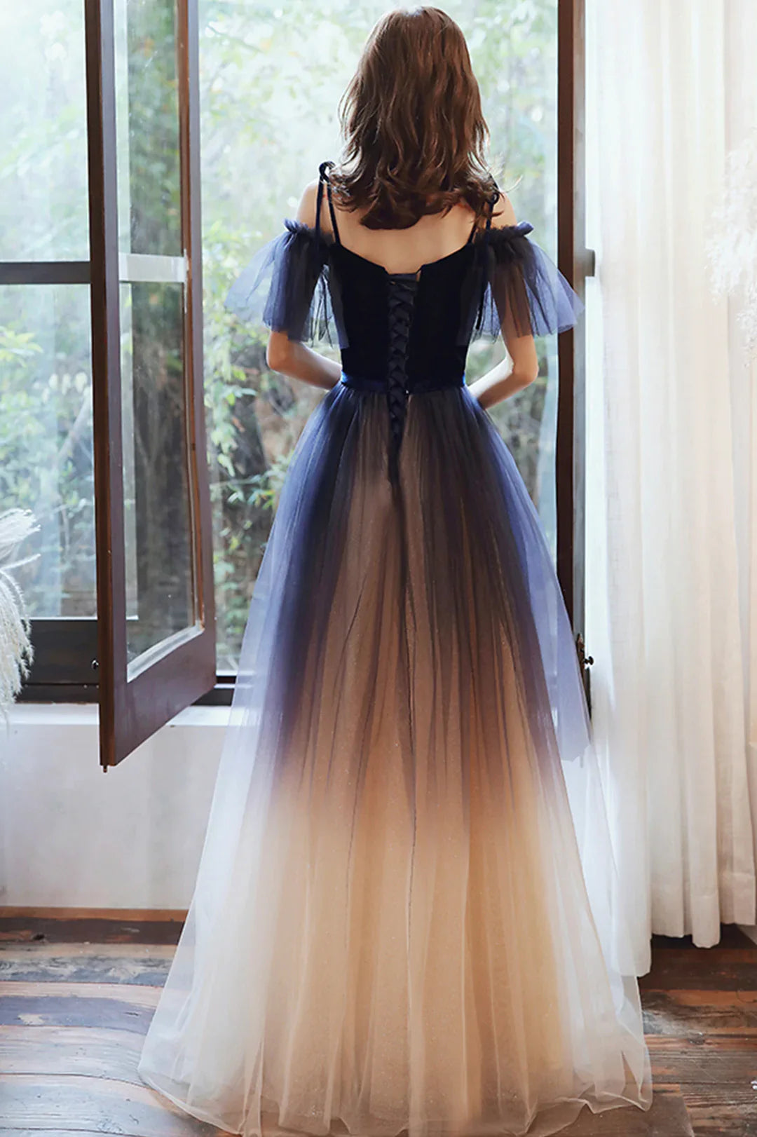 Beautiful Gradient Tulle Long Formal Dress, Blue Velvet and Lace Evening Graduation Dress