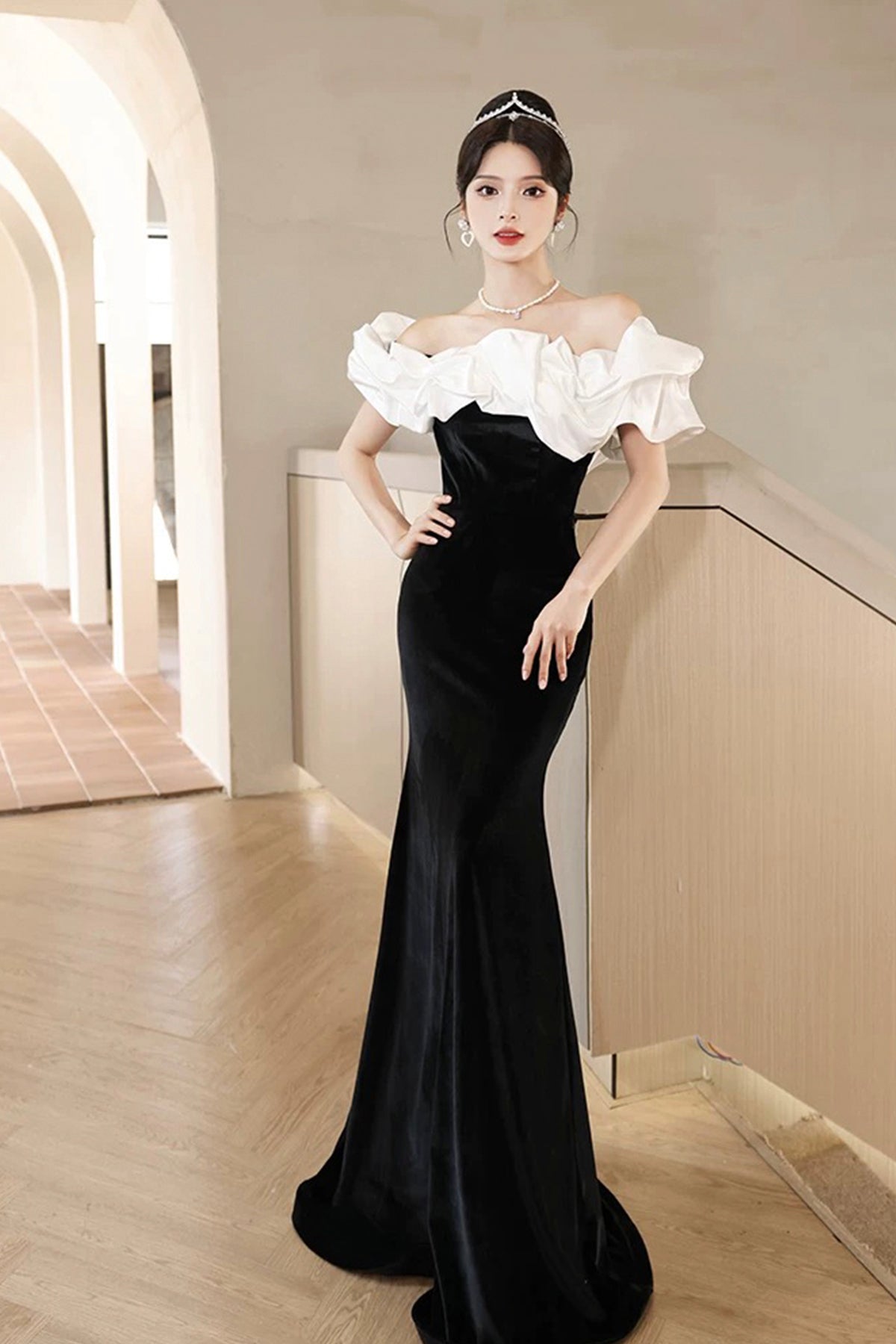White and Black Velvet Long Prom Dress, Mermaid Off the Shoulder Party Dress