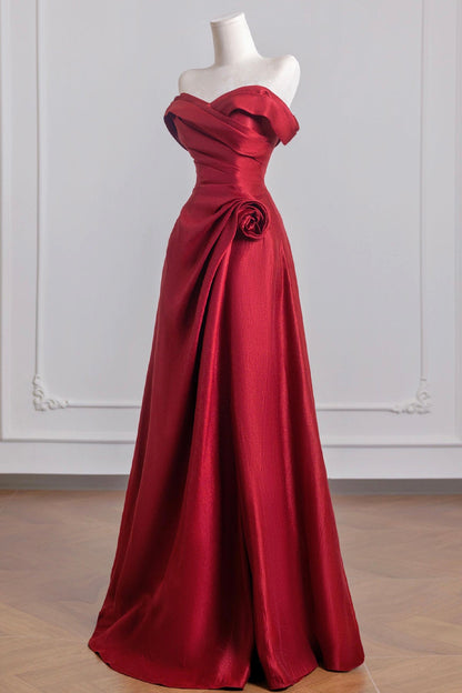 Burgundy Satin Long Prom Dress, Off the Shoulder A-Line Party Dress