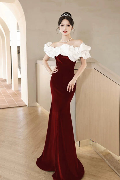 White and Burgundy Velvet Long Prom Dress, Mermaid Off the Shoulder Party Dress