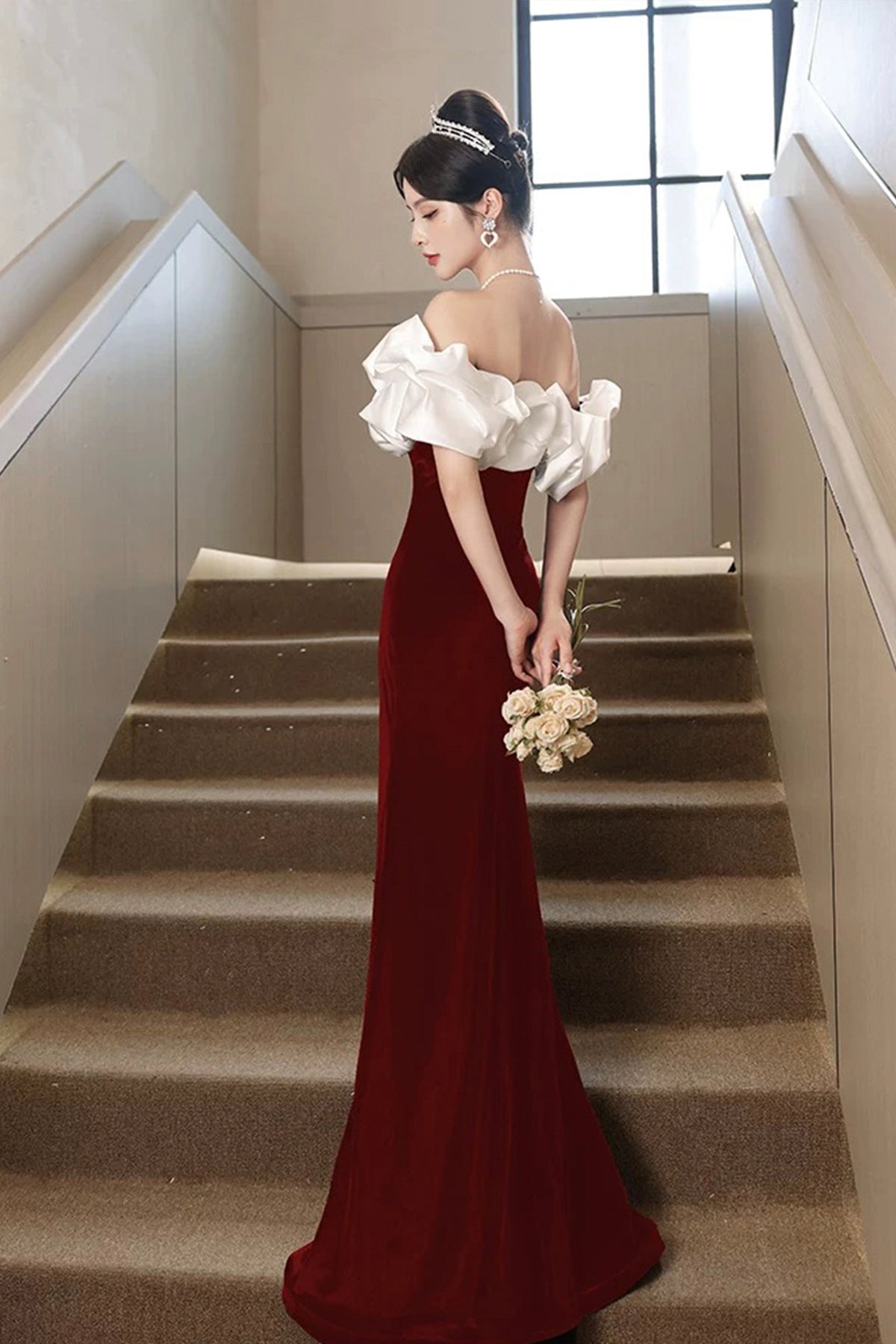 White and Burgundy Velvet Long Prom Dress, Mermaid Off the Shoulder Party Dress