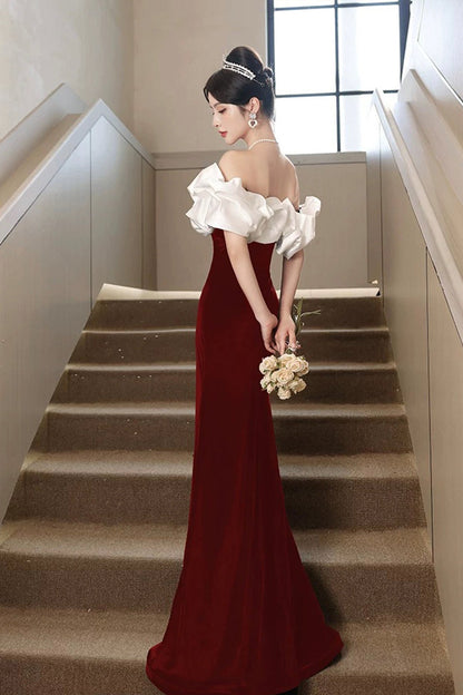 White and Burgundy Velvet Long Prom Dress, Mermaid Off the Shoulder Party Dress