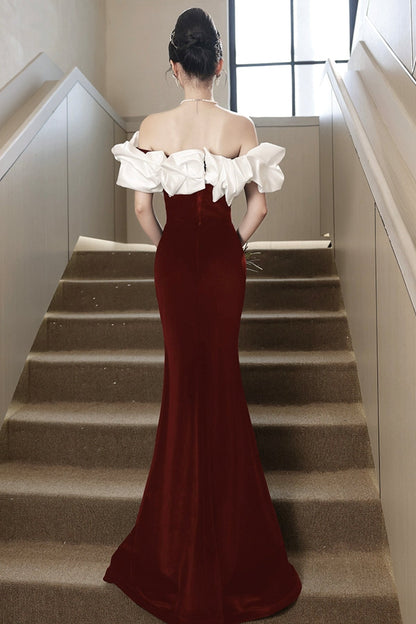 White and Burgundy Velvet Long Prom Dress, Mermaid Off the Shoulder Party Dress
