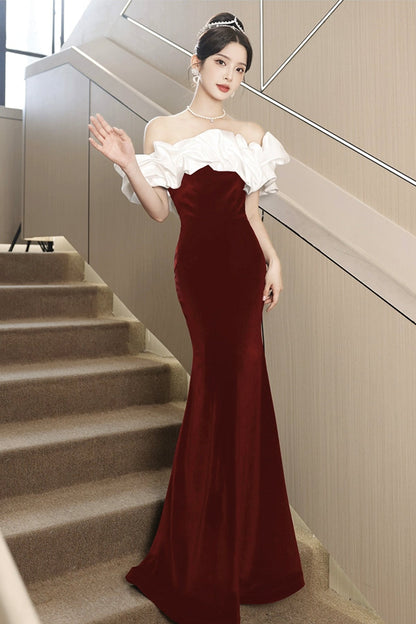 White and Burgundy Velvet Long Prom Dress, Mermaid Off the Shoulder Party Dress