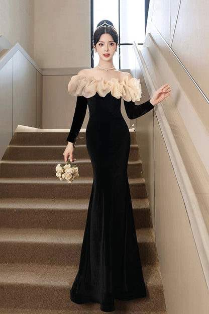 Black Velvet Long Sleeve Prom Dress, Mermaid Off the Shoulder Party Dress