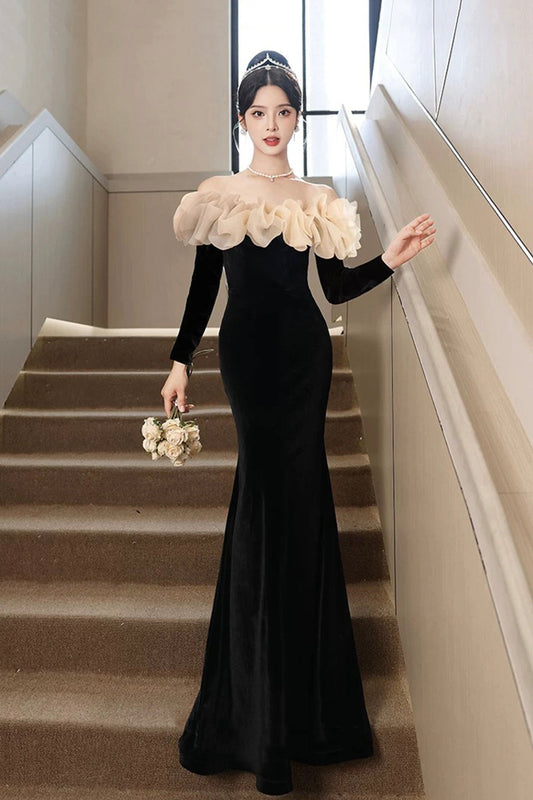 Black Velvet Long Sleeve Prom Dress, Mermaid Off the Shoulder Party Dress