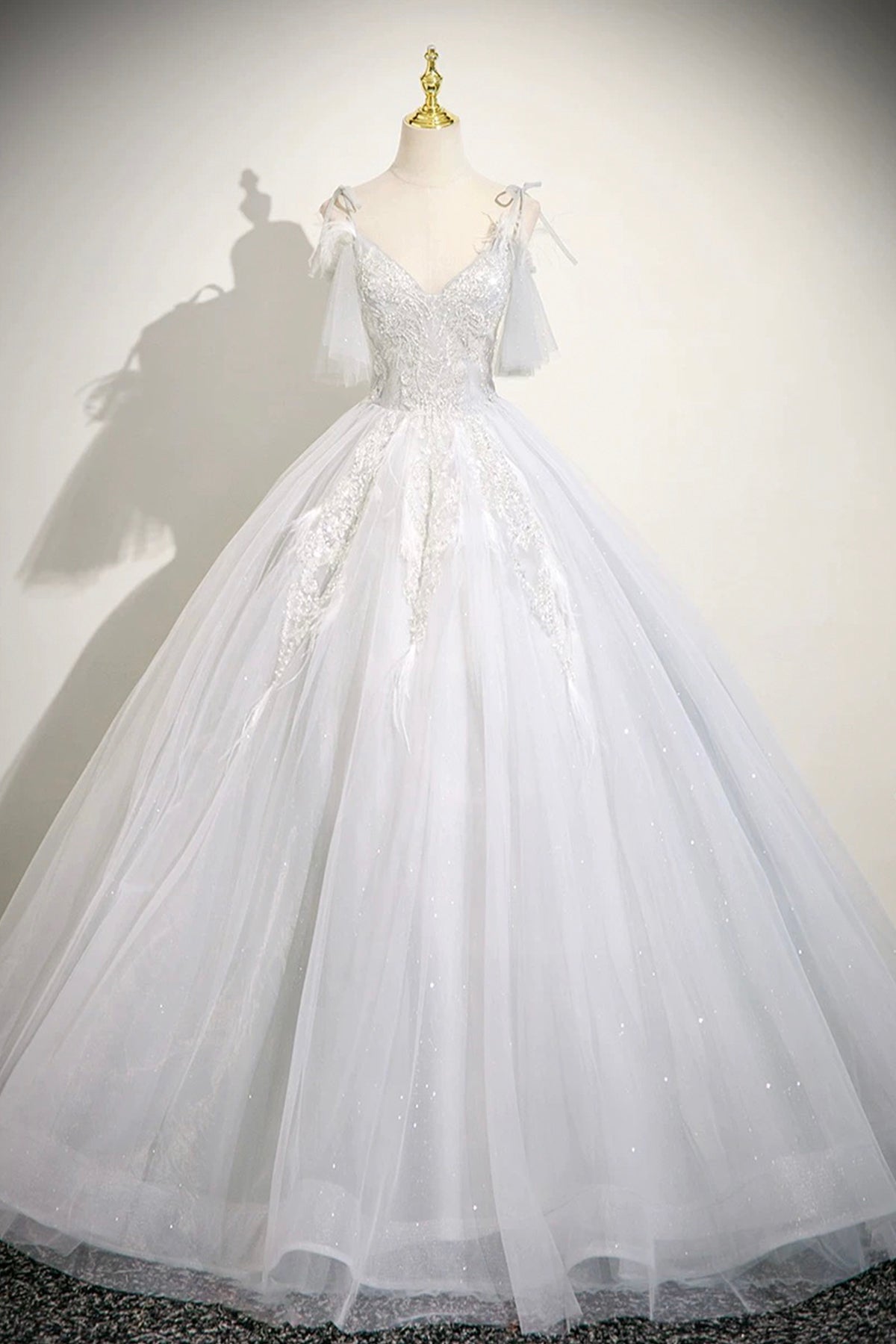White V-Neck Tulle Long Prom Dress, Beautiful A-Line Evening Dress