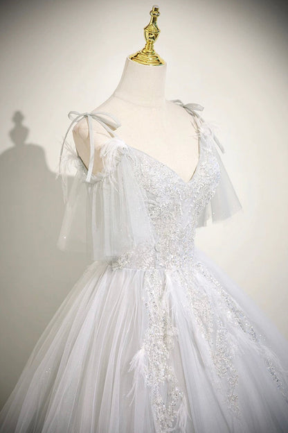 White V-Neck Tulle Long Prom Dress, Beautiful A-Line Evening Dress