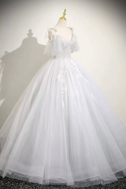 White V-Neck Tulle Long Prom Dress, Beautiful A-Line Evening Dress