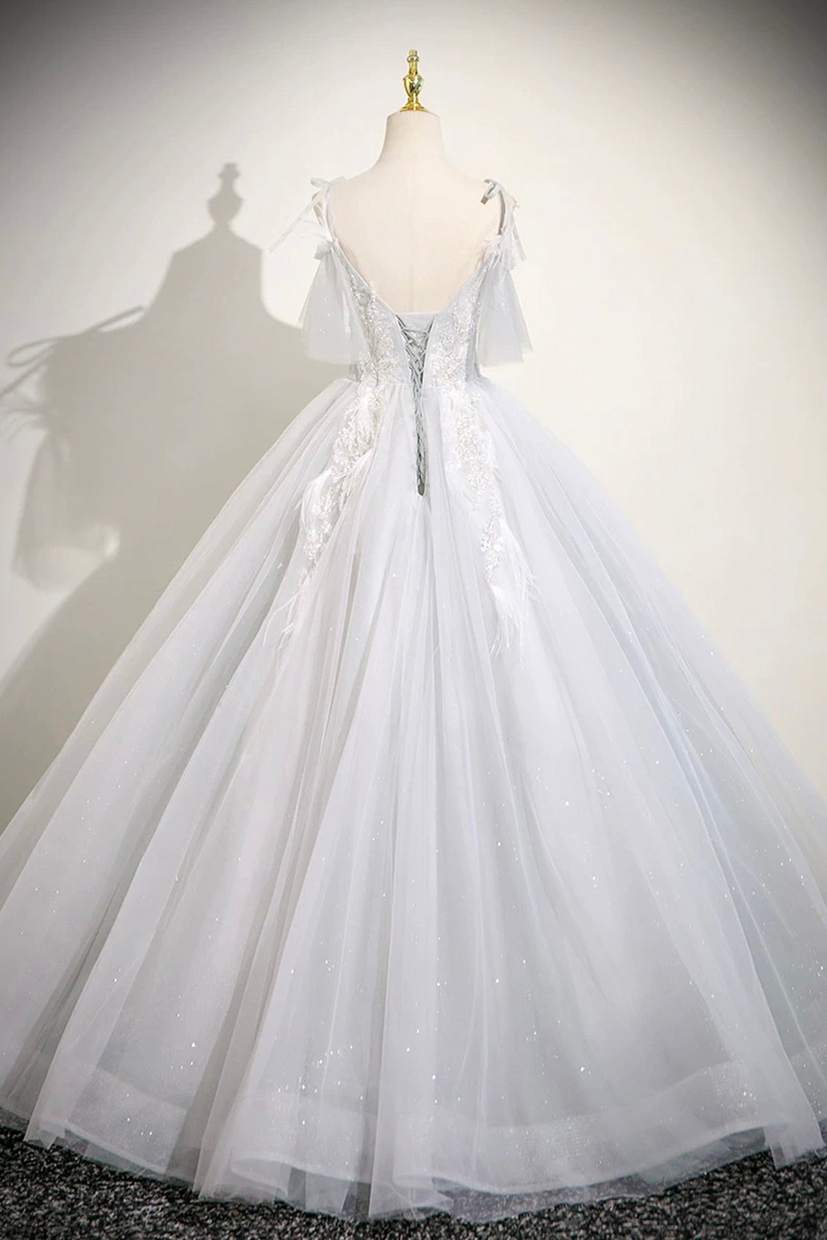 White V-Neck Tulle Long Prom Dress, Beautiful A-Line Evening Dress