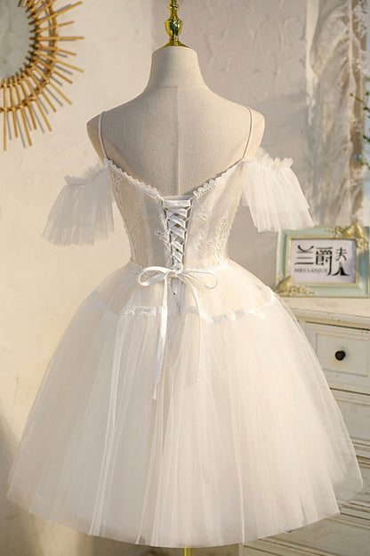 Champagne Spaghetti Straps Lace Short Prom Dress,  A-Line Party Dress