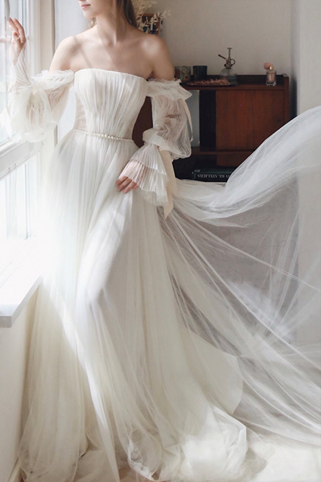 White Chiffon Long Sleeve Prom Dress, Off the Shoulder Evening Party Dress