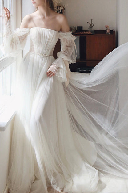 White Chiffon Long Sleeve Prom Dress, Off the Shoulder Evening Party Dress