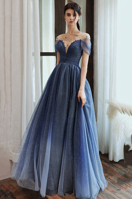 Blue Scoop Tulle Long Formal Dress, A-Line Evening Party Dress