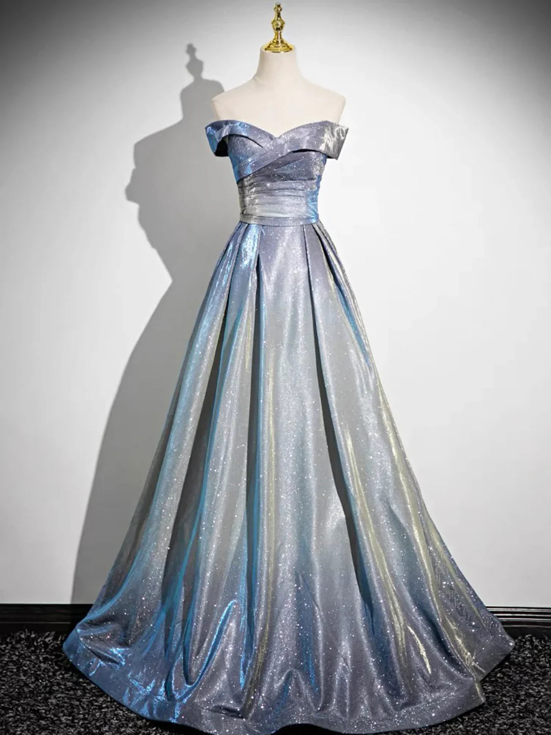 Blue Fashion Elegant Gradient Off-shoulder A-line Floor-length long satin Ball Gown Evening Gown Graduation Gown gh3438