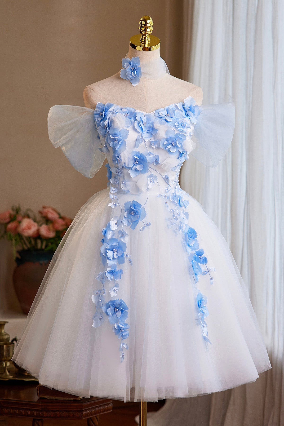 White Tulle and Blue Flowers Short Prom Dress, Cute A-Line Homecoming Party Dress