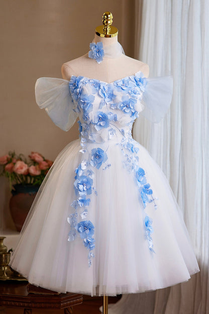 White Tulle and Blue Flowers Short Prom Dress, Cute A-Line Homecoming Party Dress