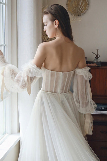 White Chiffon Long Sleeve Prom Dress, Off the Shoulder Evening Party Dress