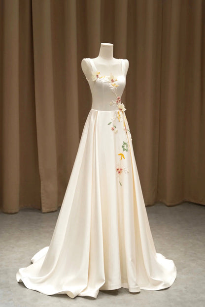 Light Champagne Satin Long Formal Dress with 3D Flowers, Elegant A-Line Evening Party Dress