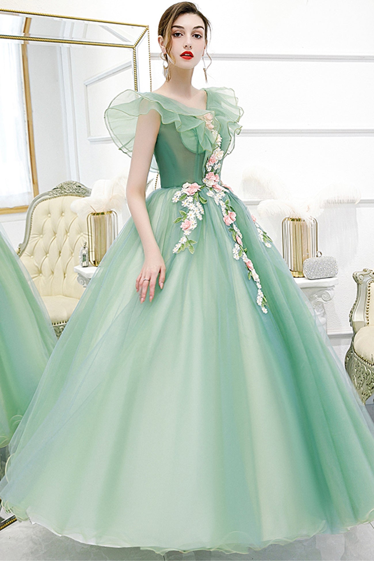 Green Tulle Long A-Line Prom Dress with Lace, Green Evening Formal Gown