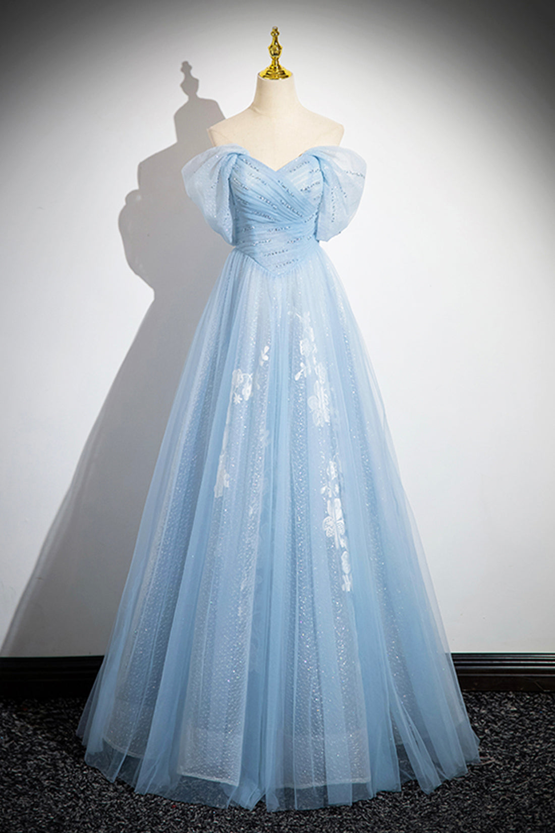 Blue Tulle Lace Long Prom Dress, Off the Shoulder Evening Party Dress