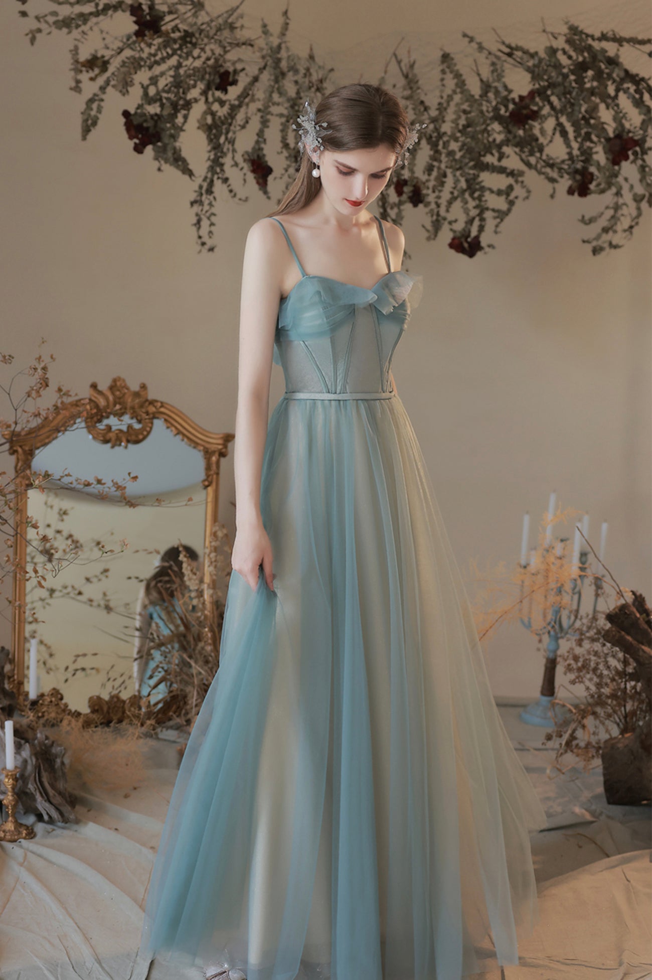 A-Line Tulle Long Prom Dress, Simple Spaghetti Strap Evening Dress