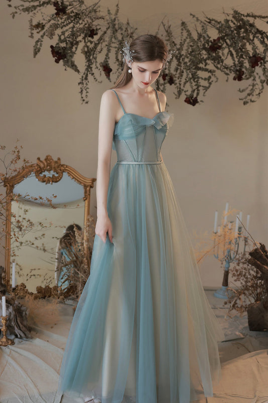 A-Line Tulle Long Prom Dress, Simple Spaghetti Strap Evening Dress