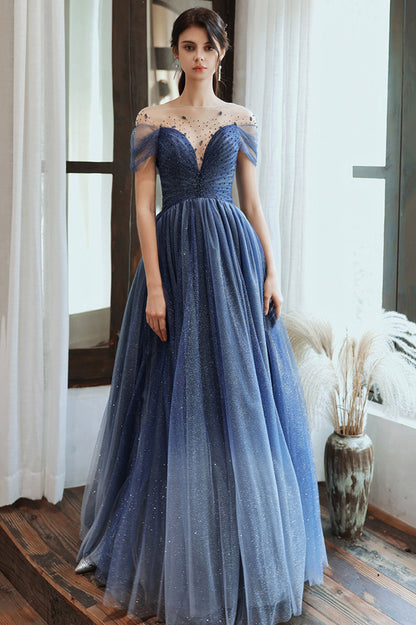 Blue Scoop Tulle Long Formal Dress, A-Line Evening Party Dress