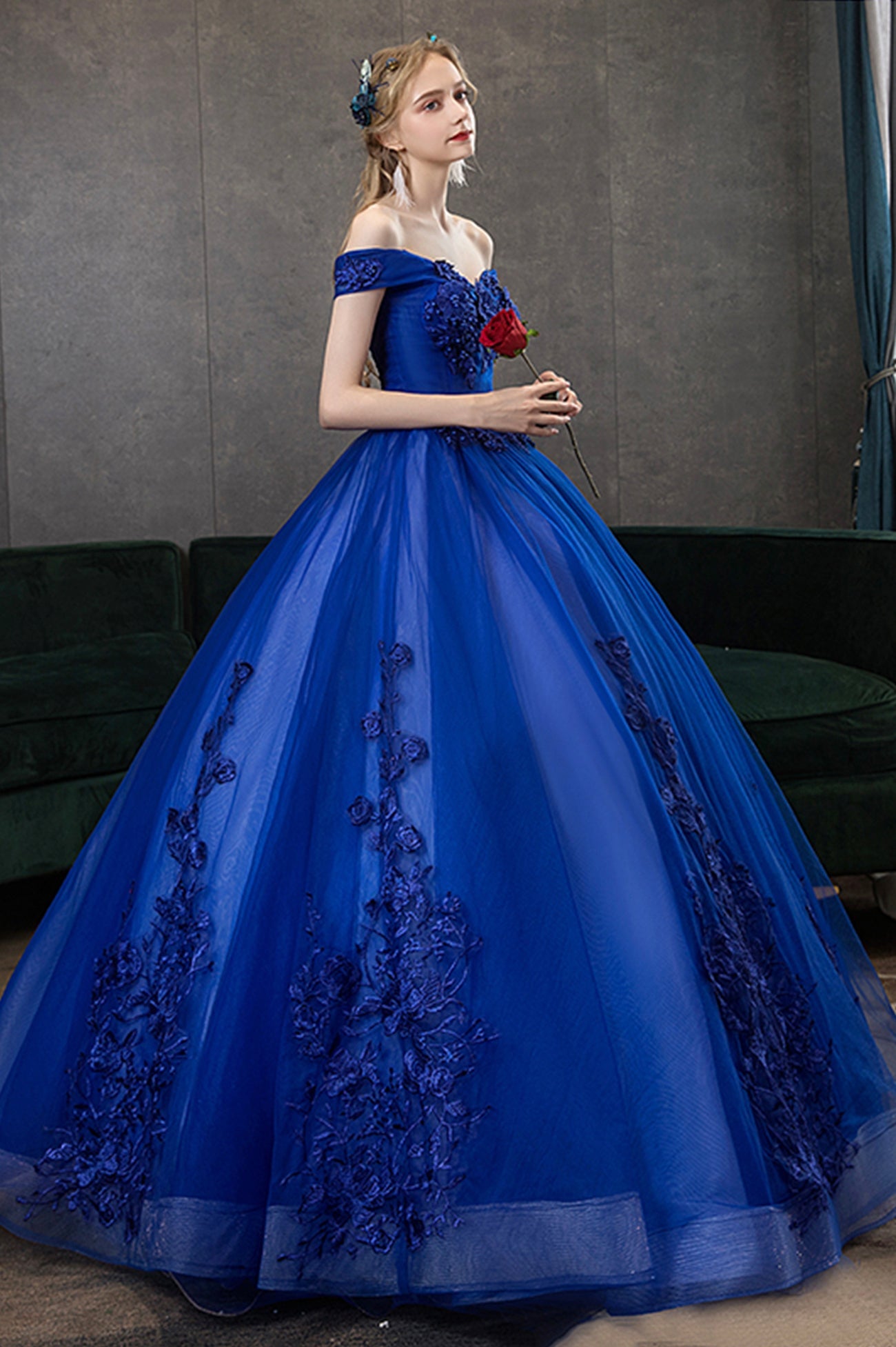 Blue Lace Long A-Line Ball Gown, Blue Off the Shoulder Formal Evening Dress