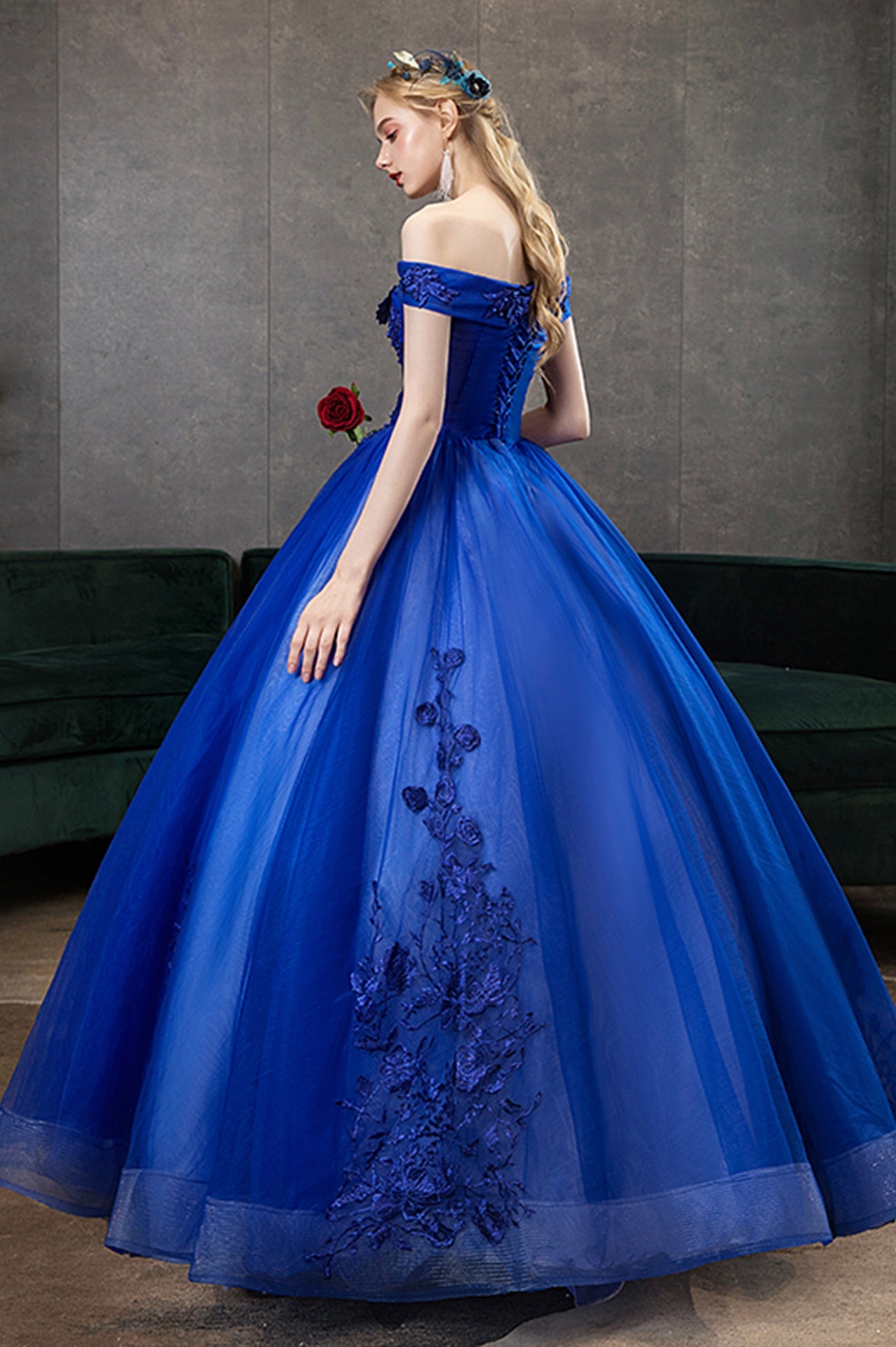 Blue Lace Long A-Line Ball Gown, Blue Off the Shoulder Formal Evening Dress