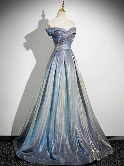 Blue Fashion Elegant Gradient Off-shoulder A-line Floor-length long satin Ball Gown Evening Gown Graduation Gown gh3438