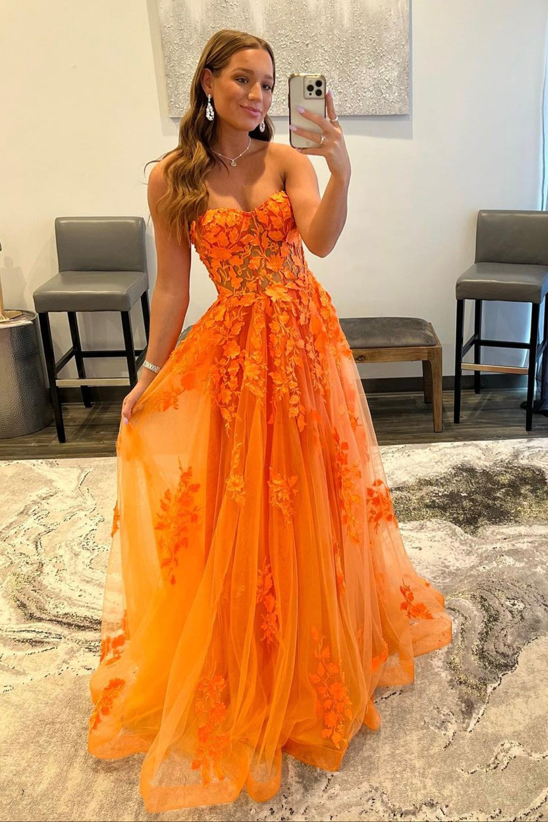Orange Strapless Tulle Long Prom Dress with Lace, A-Line Evening Dress