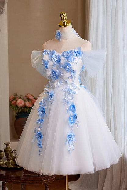 White Tulle and Blue Flowers Short Prom Dress, Cute A-Line Homecoming Party Dress