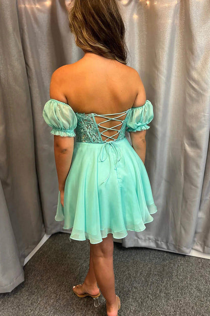 Green Chiffon Lace Short Prom Dress, Off the Shoulder Evening Party Dress