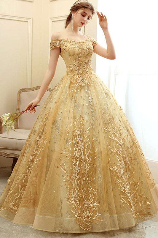 Gold Lace Long A-Line Ball Gown, Off the Shoulder Evening Party Gown