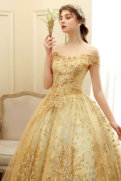 Gold Lace Long A-Line Ball Gown, Off the Shoulder Evening Party Gown