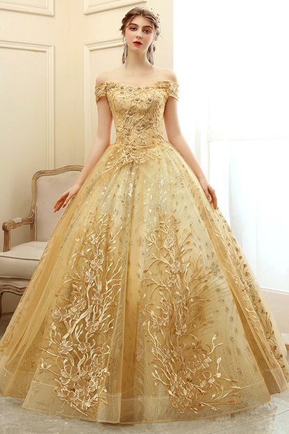 Gold Lace Long A-Line Ball Gown, Off the Shoulder Evening Party Gown