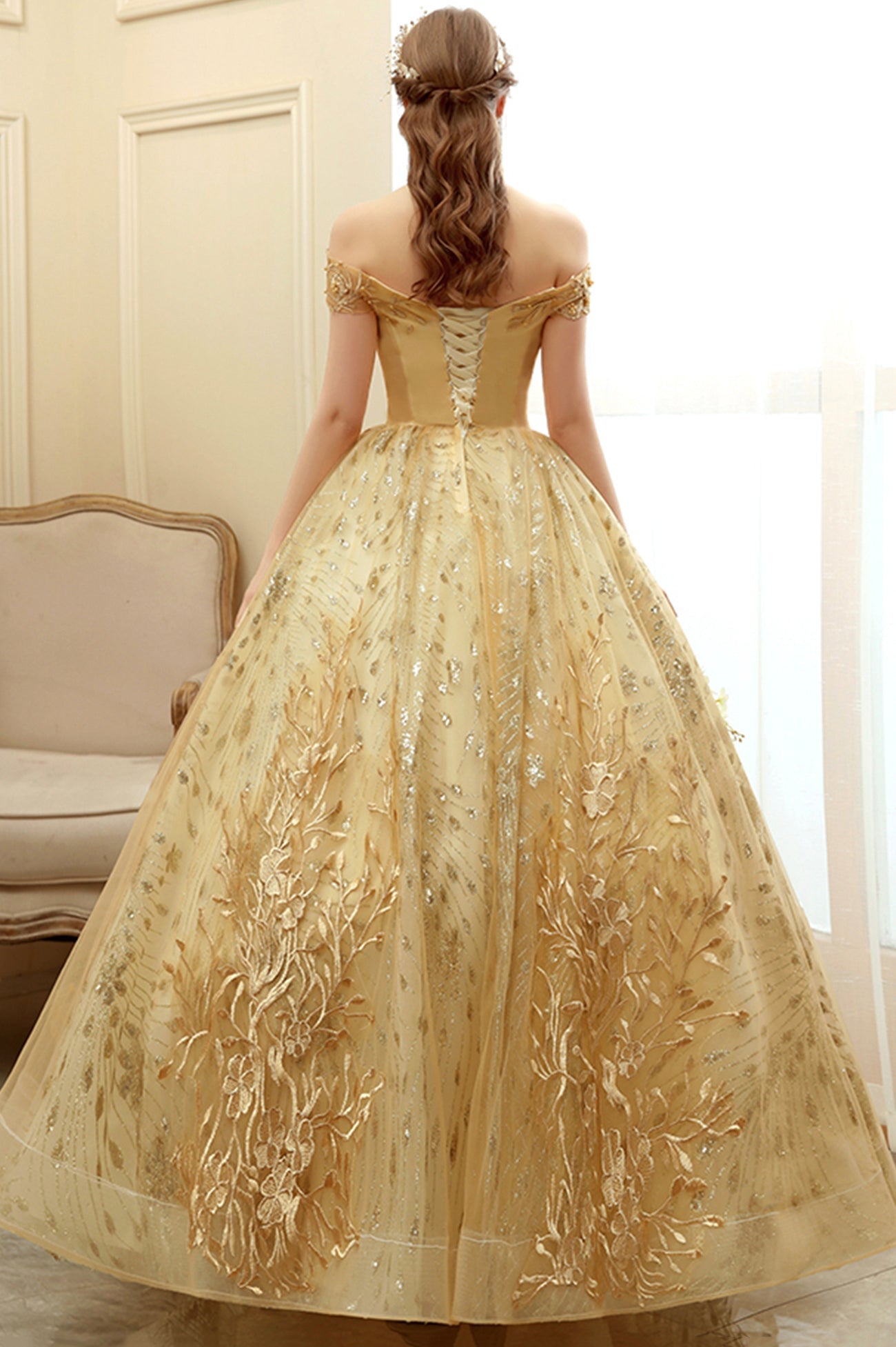 Gold Lace Long A-Line Ball Gown, Off the Shoulder Evening Party Gown