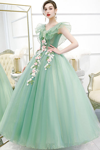 Green Tulle Long A-Line Prom Dress with Lace, Green Evening Formal Gown