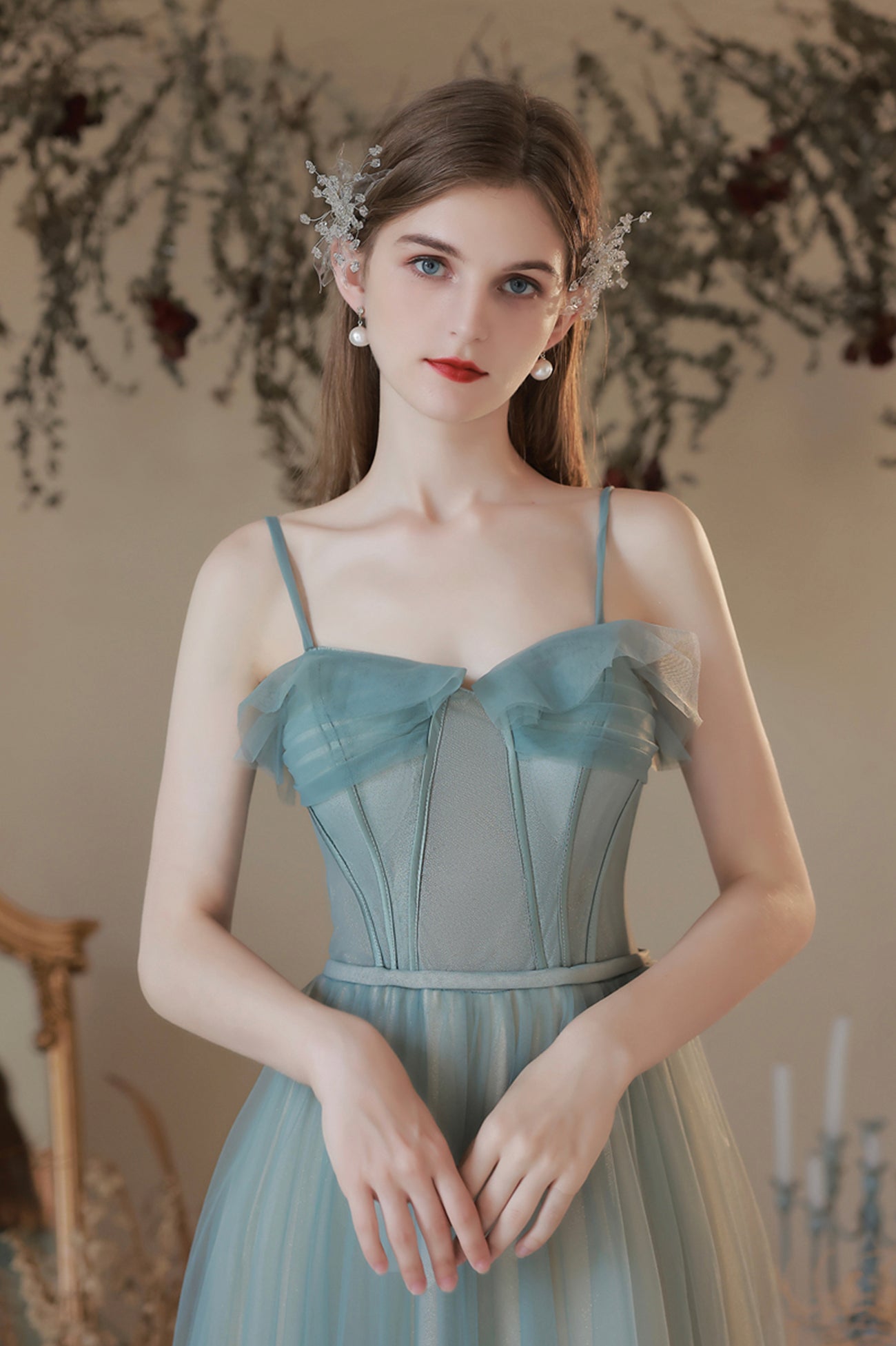 A-Line Tulle Long Prom Dress, Simple Spaghetti Strap Evening Dress