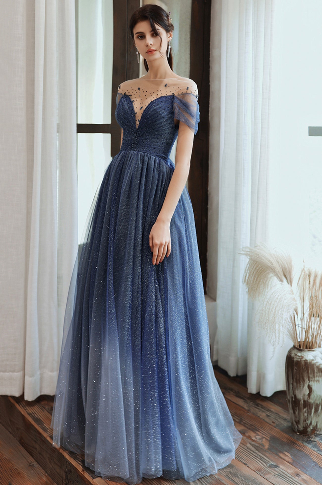 Blue Scoop Tulle Long Formal Dress, A-Line Evening Party Dress