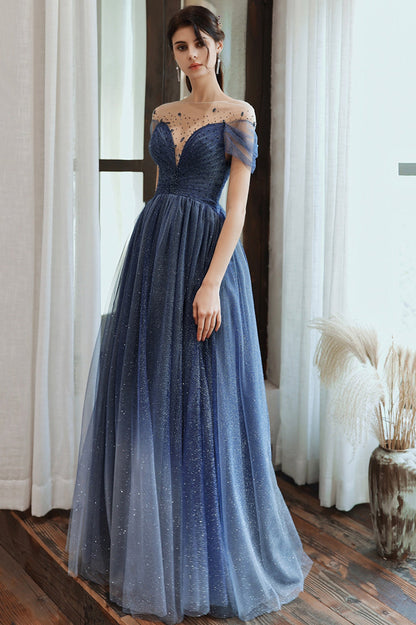Blue Scoop Tulle Long Formal Dress, A-Line Evening Party Dress