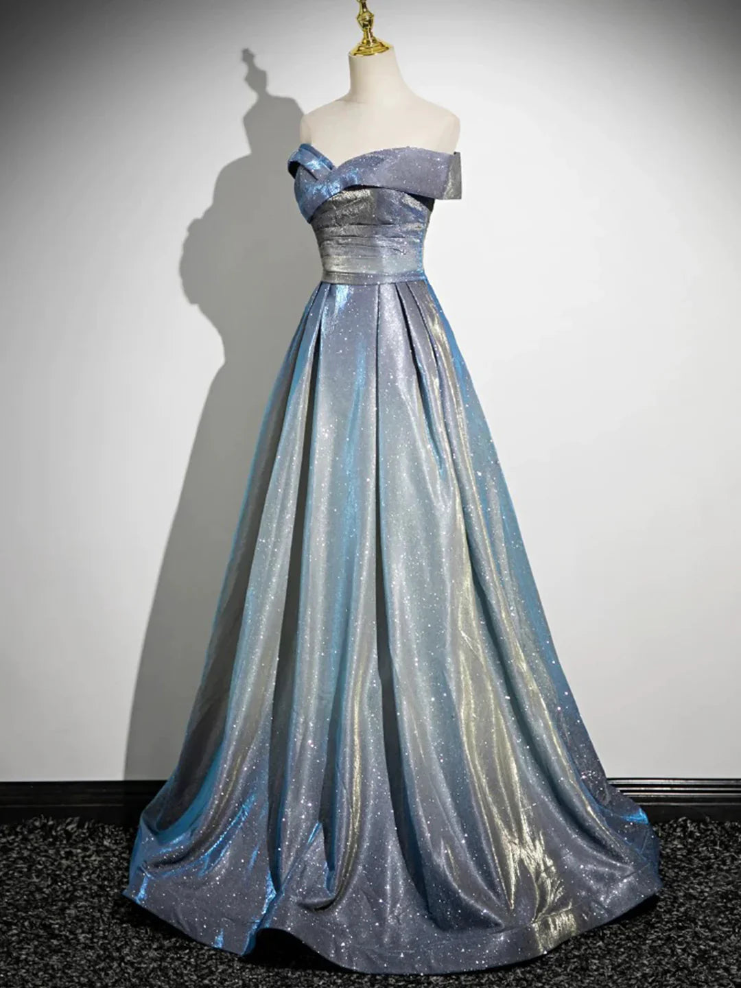 Blue Fashion Elegant Gradient Off-shoulder A-line Floor-length long satin Ball Gown Evening Gown Graduation Gown gh3438
