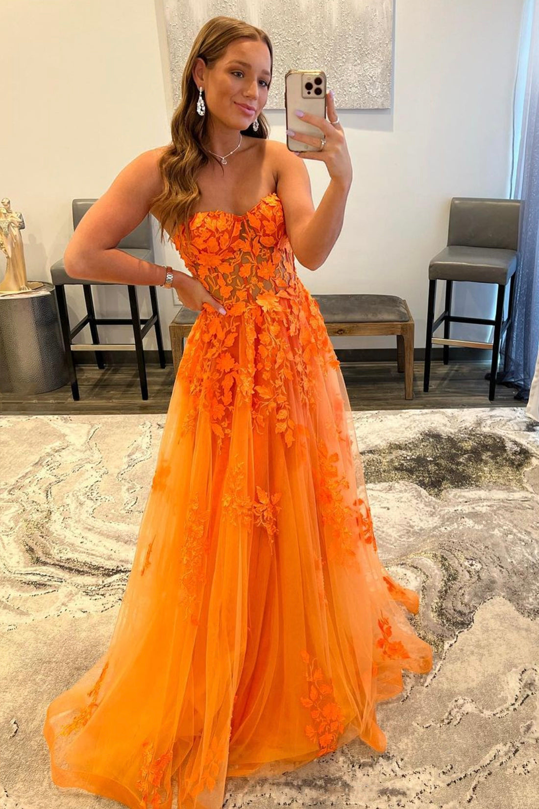 Orange Strapless Tulle Long Prom Dress with Lace, A-Line Evening Dress